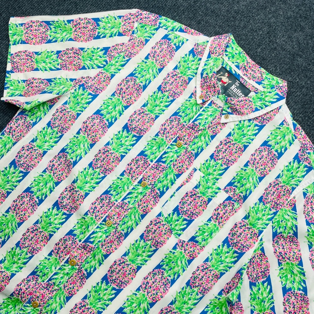 Chubbies The Nutter Pineapple Hawaiian‎ Shirt Large Blue White Stripe Pink Green